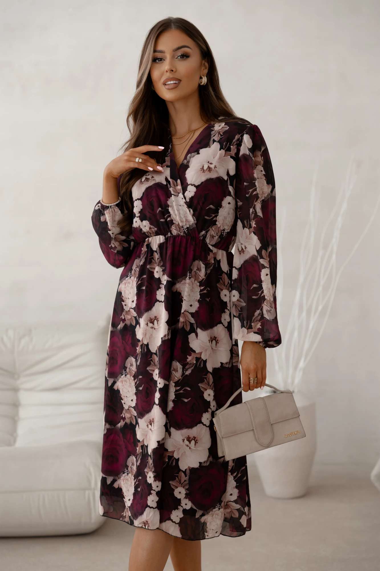 Rochie midi cu imprimeu floral in nuante bordo
