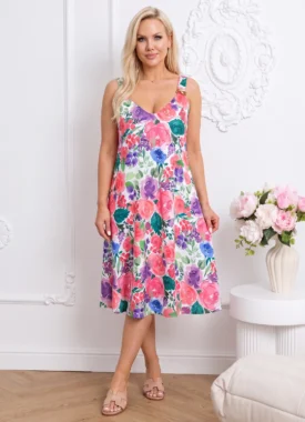 Rochie midi cu imprimeu floral multicolor si bretele