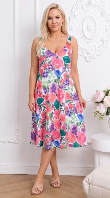 rochie-midi-cu-imprimeu-floral-multicolor-si-bretele