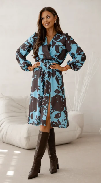 rochie-midi-cu-imprimeu-floral-negru-pe-fond-albastru