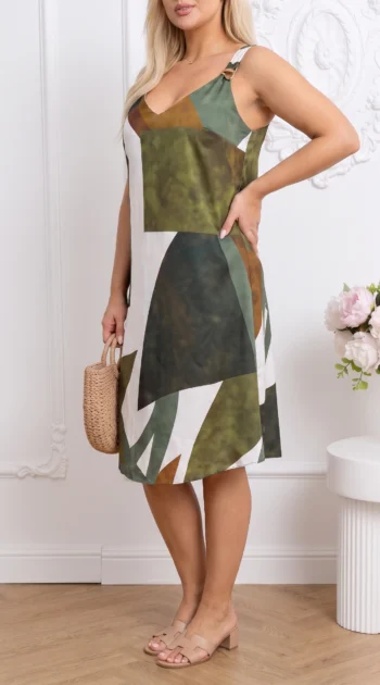 rochie-midi-cu-imprimeu-geometric-kaki-si-bretele