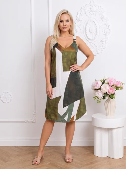 rochie-midi-cu-imprimeu-geometric-kaki-si-bretele