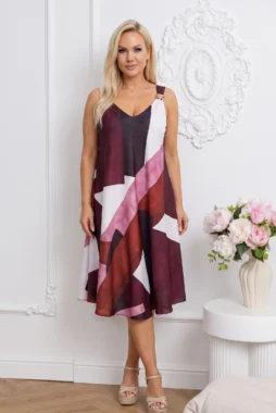 Rochie midi cu imprimeu geometric si detaliu auriu pe bretele