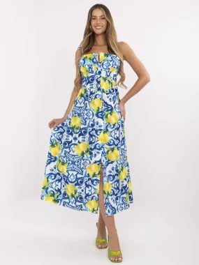 Rochie midi cu imprimeu lamai în nuanțe bleu-galben