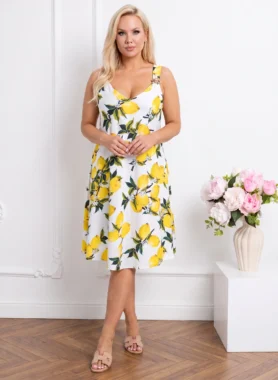 Rochie midi cu imprimeu lamai si bretele