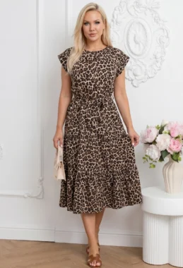 Rochie midi cu imprimeu leopard si cordon in talie