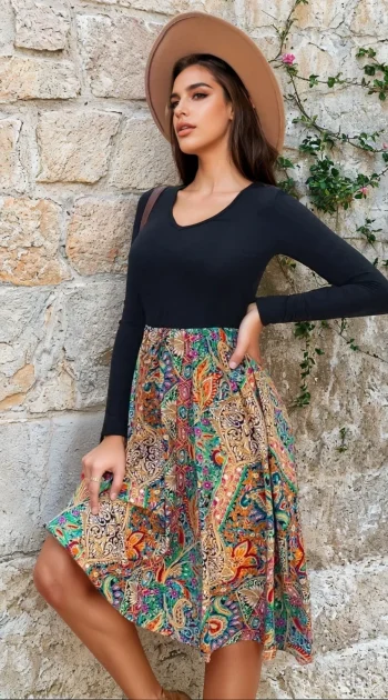 rochie-midi-cu-top-negru-si-fusta-cu-imprimeu-boho