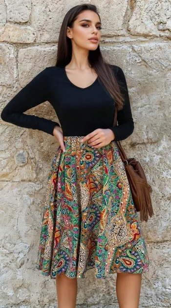 rochie-midi-cu-top-negru-si-fusta-cu-imprimeu-boho