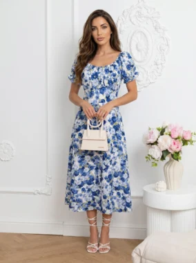 Rochie midi de vara cu maneci bufante si imprimeu floral albastru