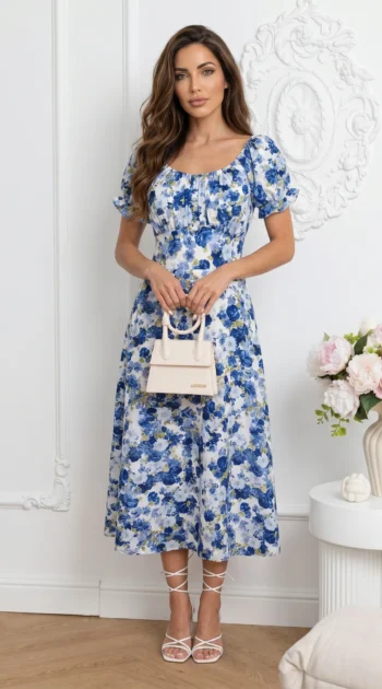 rochie-midi-de-vara-cu-maneci-bufante-si-imprimeu-floral-albastru