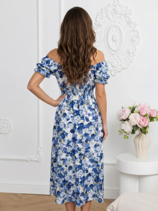 rochie-midi-de-vara-cu-maneci-bufante-si-imprimeu-floral-albastru