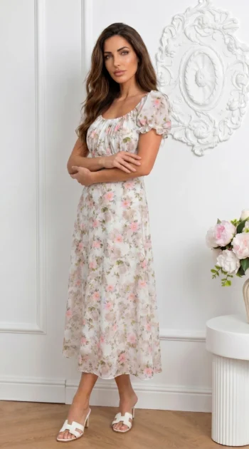 rochie-midi-de-vara-cu-maneci-bufante-si-imprimeu-floral-bej