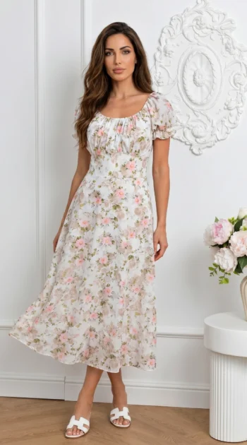 rochie-midi-de-vara-cu-maneci-bufante-si-imprimeu-floral-bej