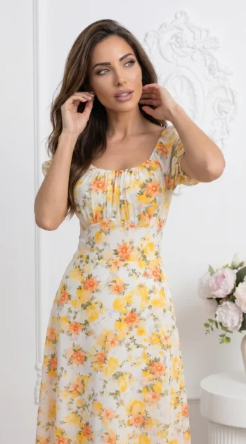 rochie-midi-de-vara-cu-maneci-bufante-si-imprimeu-floral-galben