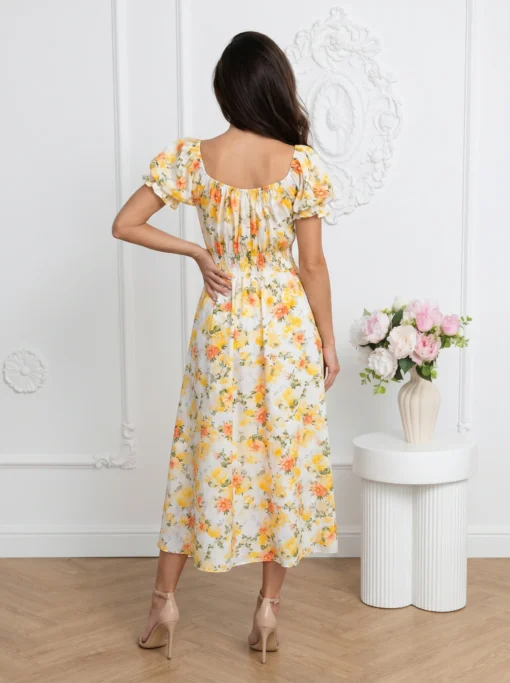 rochie-midi-de-vara-cu-maneci-bufante-si-imprimeu-floral-galben