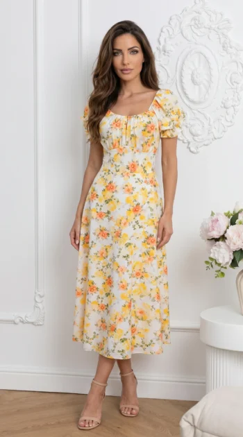 rochie-midi-de-vara-cu-maneci-bufante-si-imprimeu-floral-galben