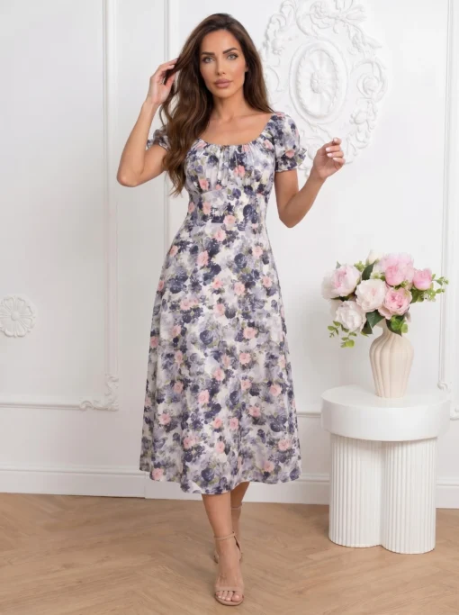 rochie-midi-de-vara-cu-maneci-bufante-si-imprimeu-floral-gri