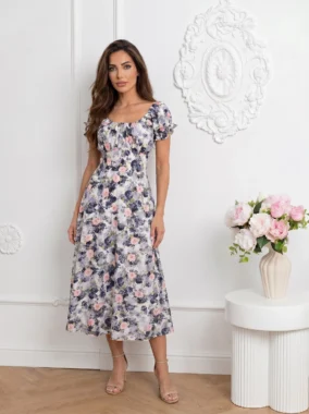 Rochie midi de vara cu maneci bufante si imprimeu floral gri