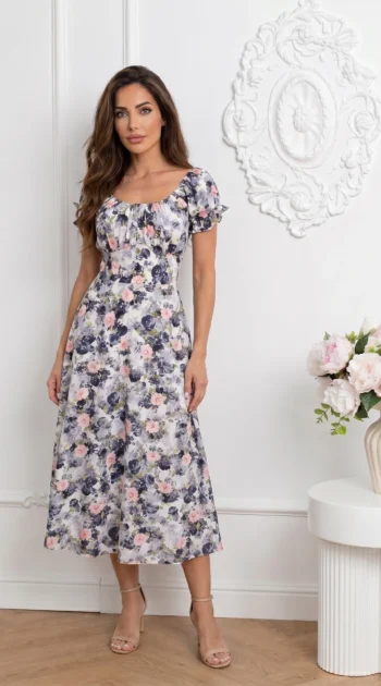 rochie-midi-de-vara-cu-maneci-bufante-si-imprimeu-floral-gri