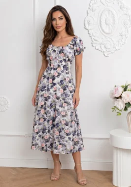 Rochie midi de vara cu maneci bufante si imprimeu floral gri