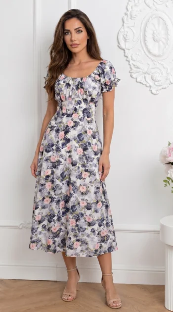 rochie-midi-de-vara-cu-maneci-bufante-si-imprimeu-floral-gri