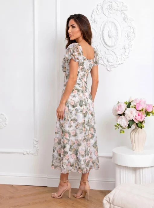 rochie-midi-de-vara-cu-maneci-bufante-si-imprimeu-floral-verde