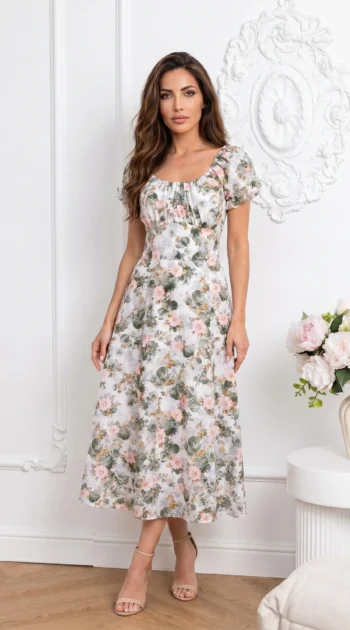 rochie-midi-de-vara-cu-maneci-bufante-si-imprimeu-floral-verde