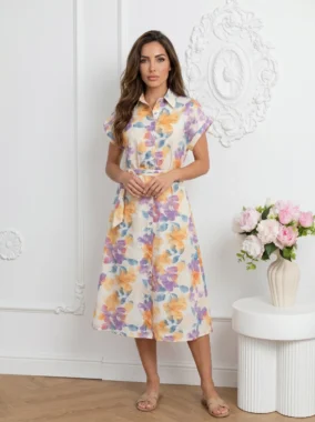 Rochie midi din bumbac cu imprimeu floral pastelat