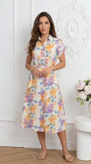 rochie-midi-din-bumbac-cu-imprimeu-floral-pastelat