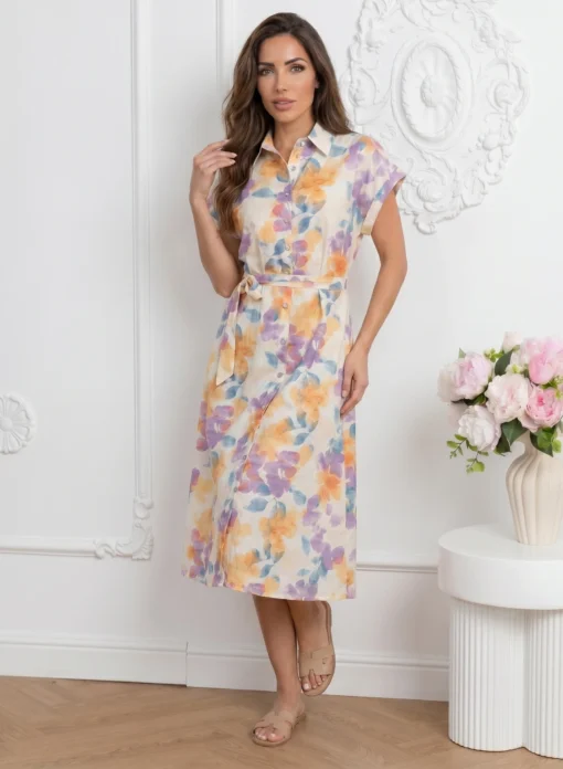 rochie-midi-din-bumbac-cu-imprimeu-floral-pastelat