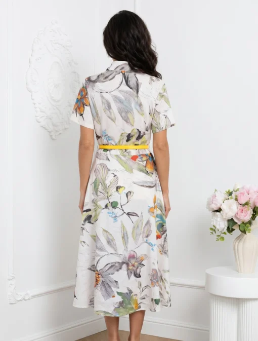 rochie-midi-din-bumbac-cu-imprimeu-floral-si-curea-galbena