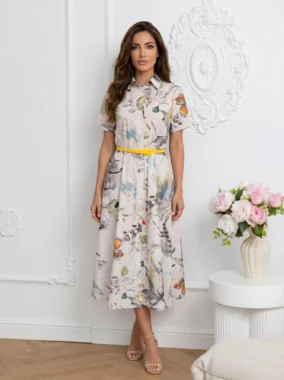 Rochie midi din bumbac cu imprimeu floral si curea galbena