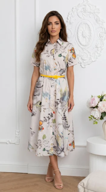 rochie-midi-din-bumbac-cu-imprimeu-floral-si-curea-galbena
