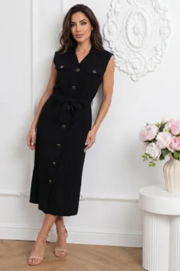 Rochie midi din bumbac tip camasa cu nasturi si cordon