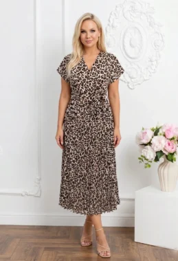 Rochie midi din vascoza cu imprimeu leopard si decolteu petrecut