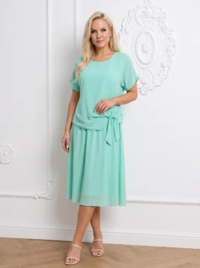 Rochie midi din voal cu aspect de compleu si funda in talie
