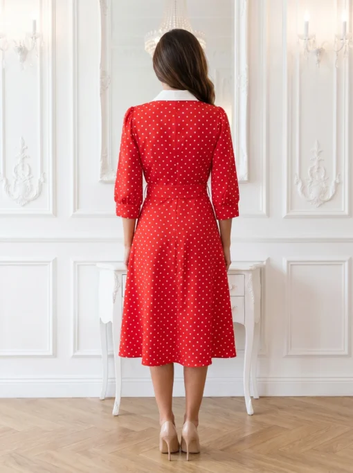 rochie-midi-eleganta-albastra-cu-buline-si-aspect-satinat