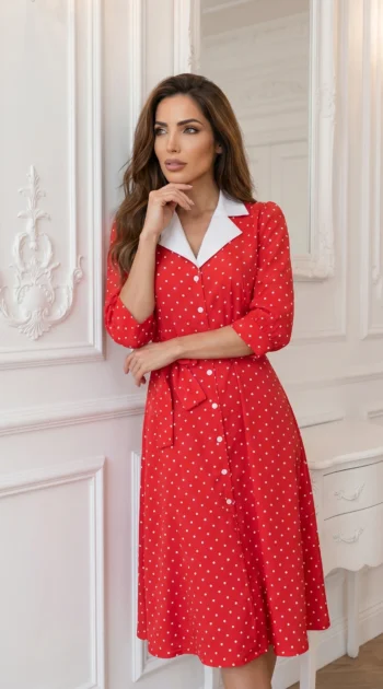 rochie-midi-eleganta-albastra-cu-buline-si-aspect-satinat