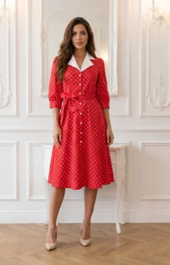 Rochie midi eleganta rosie cu buline si aspect satinat