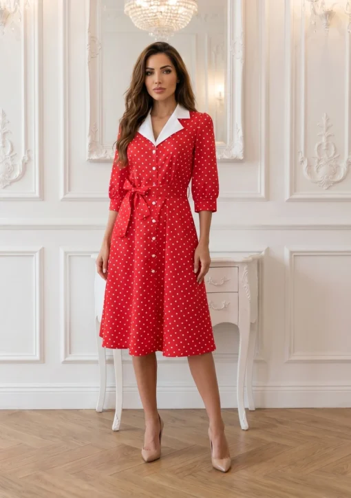 rochie-midi-eleganta-albastra-cu-buline-si-aspect-satinat