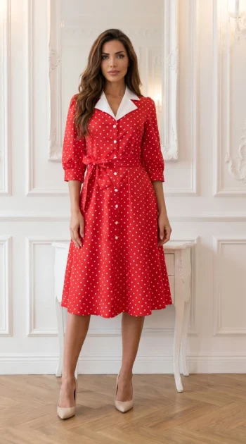 rochie-midi-eleganta-albastra-cu-buline-si-aspect-satinat