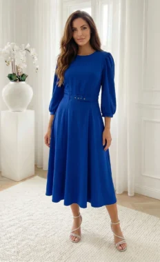 Rochie midi eleganta albastru regal cu curea in talie