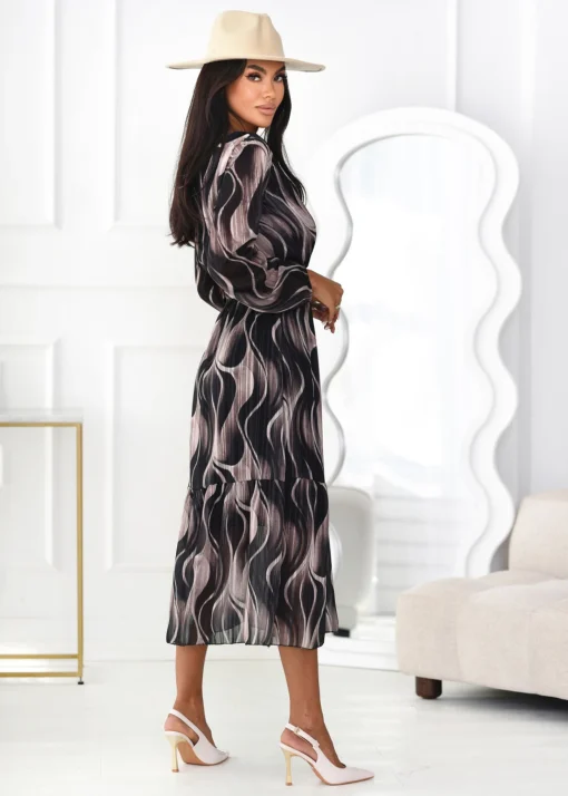 rochie-midi-eleganta-cu-imprimeu-abstract-in-nuante-de-bej-si-negru