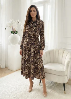 Rochie midi eleganta cu imprimeu animal print si funda