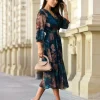 rochie-midi-eleganta-cu-imprimeu-floral-albastru-si-maro-si-curea-in-talie