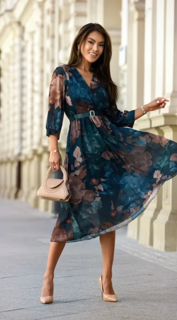 rochie-midi-eleganta-cu-imprimeu-floral-albastru-si-maro-si-curea-in-talie
