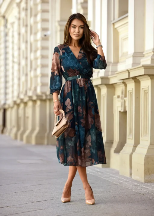 rochie-midi-eleganta-cu-imprimeu-floral-albastru-si-maro-si-curea-in-talie