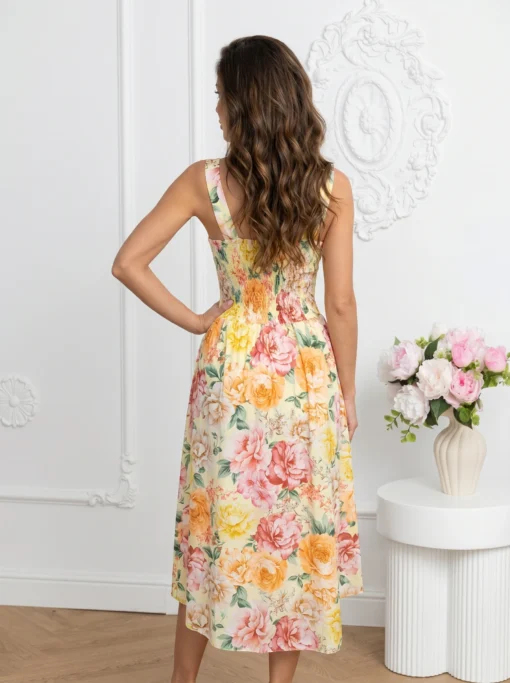 rochie-midi-eleganta-cu-imprimeu-floral-galben-si-bust-tip-corset