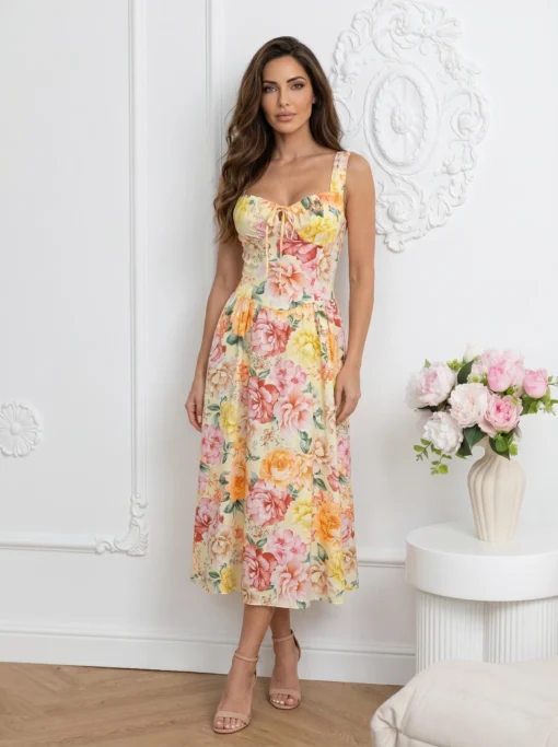rochie-midi-eleganta-cu-imprimeu-floral-galben-si-bust-tip-corset