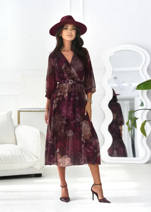 rochie-midi-eleganta-cu-imprimeu-floral-in-nuante-bordo-si-curea-in-talie